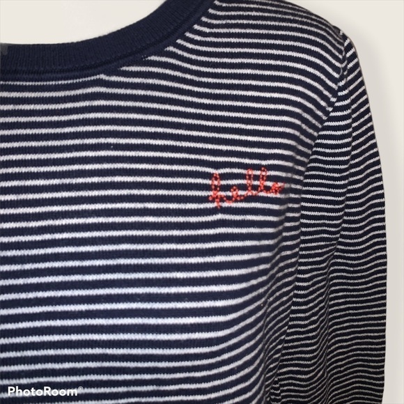 Gap Navy Blue & White Striped Embroidered Hello Sweater Size M - Picture 2 of 6
